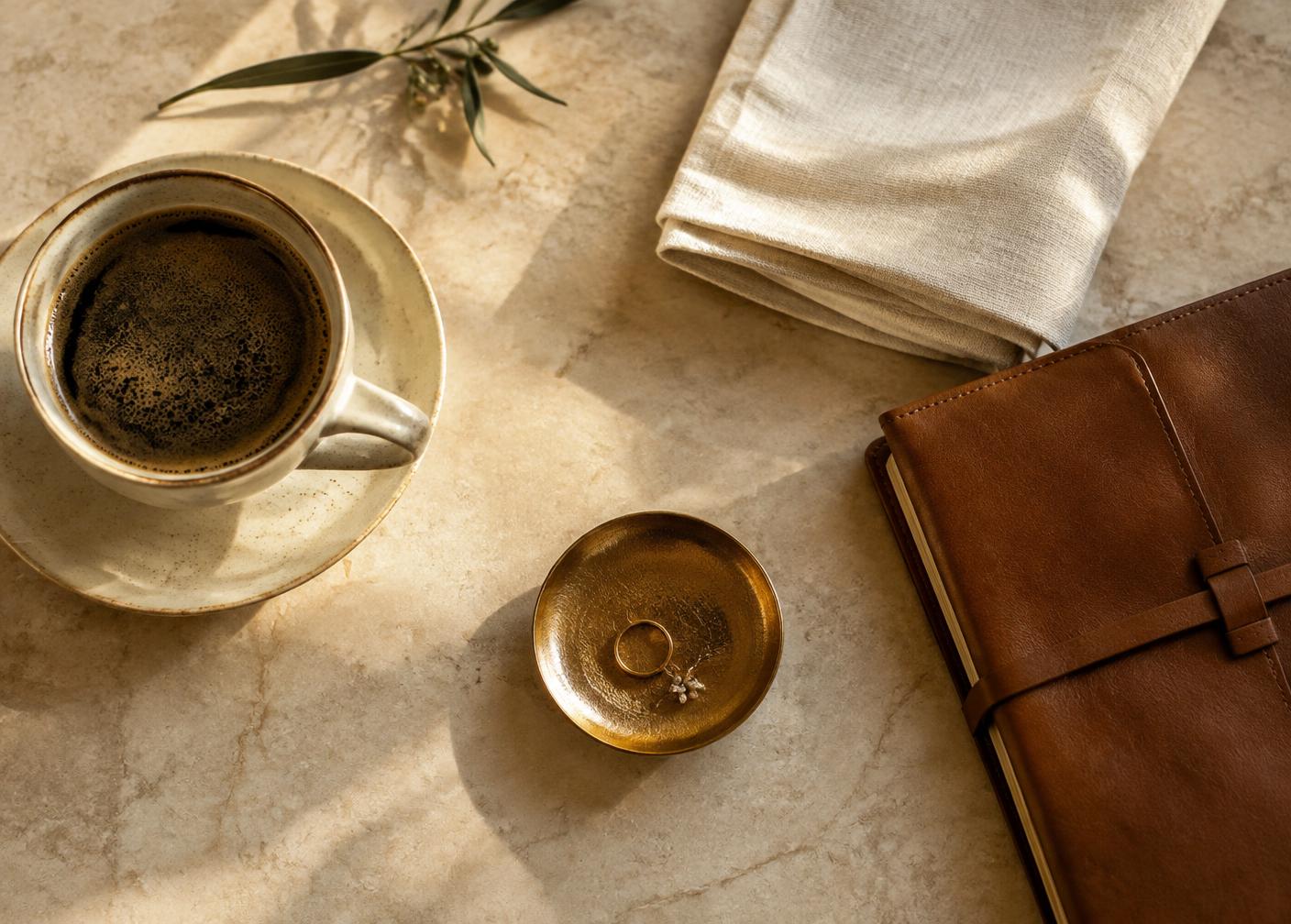 Coffee, linen and a leather diary on warm stone